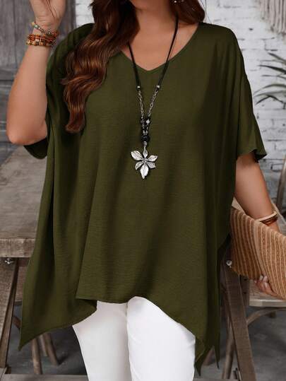 EMERY ROSE Plus Size Women's Solid Color V-Neck Casual Versatile Daily Wear Mid-Sleeve Shirt