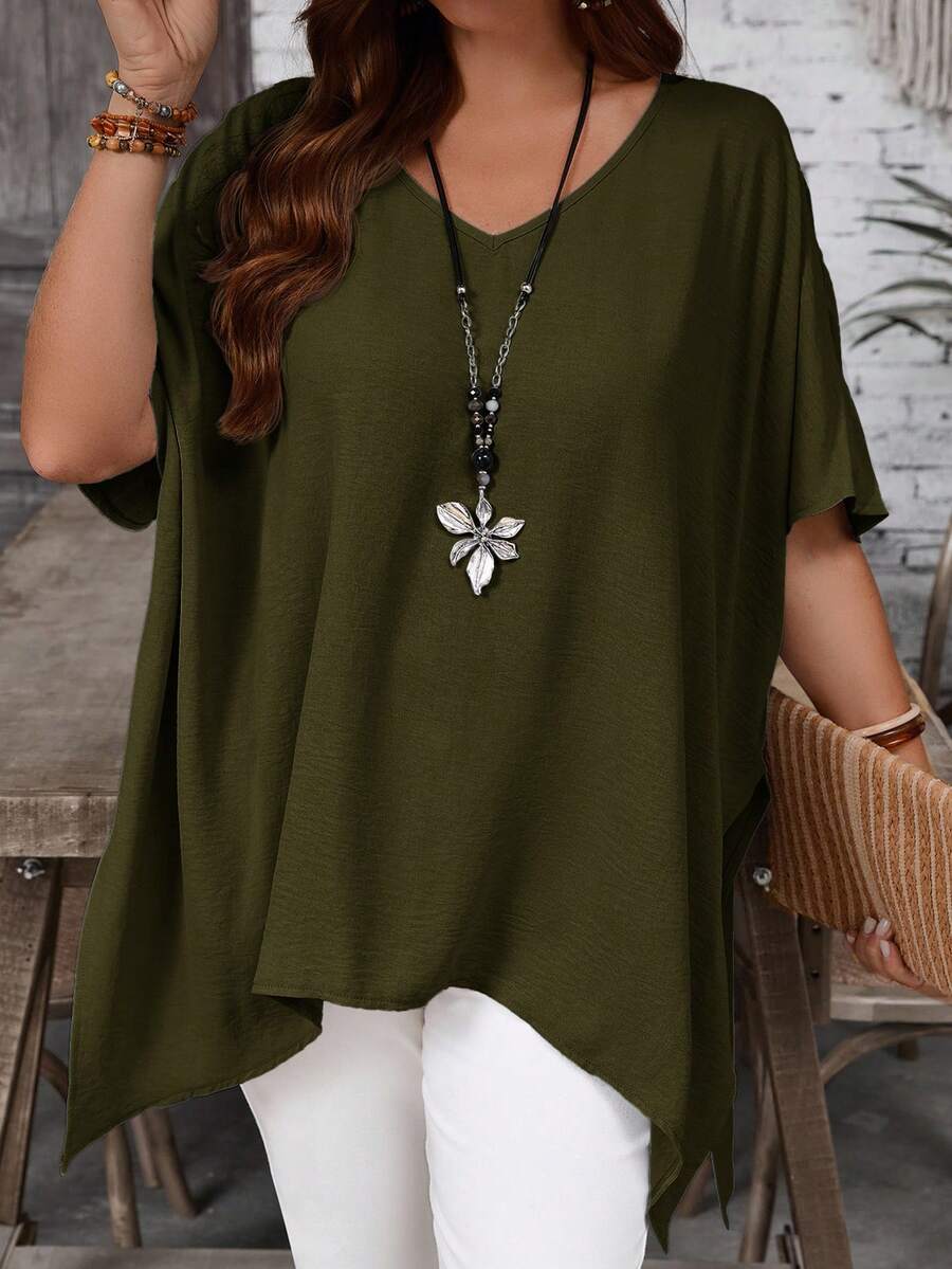 EMERY ROSE Plus Size Women's Solid Color V-Neck Casual Versatile Daily Wear Mid-Sleeve Shirt - Army Green - View 1