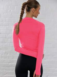 Musera Sport Long Sleeve Slinky Thumb Hole Cropped Active-Wear Top , Padel, Tennis, Pickleball Gym - Hot Pink - View 3
