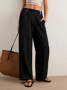 Freevana Women's Elegant Double Button Straight Office Pants - Black - View 3