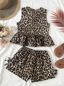 SHEIN Bộ đồ 2 mảnh gồm áo không tay dệt kim cho bé gái tuổi teen, điểm nhấn là nơ xinh xắn và viền bèo nhún, kết hợp với quần short thường ngày, thích hợp cho mùa xuân/hè, đi chơi hàng ngày, du lịch mùa xuân và chuẩn bị cho năm học mới. - màu nâu - Xem 2