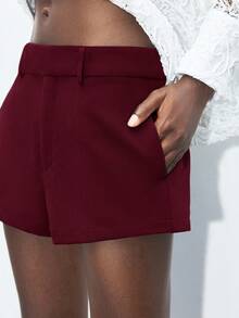 MAIJA 休闲 Y2K 高腰牛仔风迷你短裤 - 酒紅色 - 查看 6