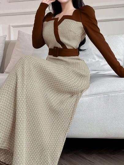 Feyla 女士长袖长裙，简约时尚休闲日常穿着长款晚礼服