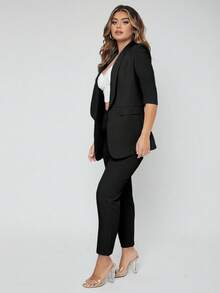 EURMUSE Traje de pantalón y blazer de manga 3/4 elegante para oficina para dama - Negro - Ver 4