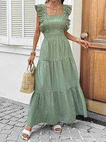 SHEIN LUNE Đầm nữ tay ngắn hở lưng viền hoa phong cách thường ngày, trang phục mùa hè cho nữ, đầm đi biển cho nữ, trang phục đi biển cho nữ, đầm thường ngày cho nữ, trang phục đi nghỉ mát, đầm đi nghỉ mát cho nữ, đầm xanh lá cây cho nữ, đầm mùa hè cho nữ, đầm suông thường ngày, trang phục đi nghỉ mát, đầm cho nữ, đầm dự tiệc cho nữ, đầm mùa hè cho nữ. - màu xanh lá - Xem 5