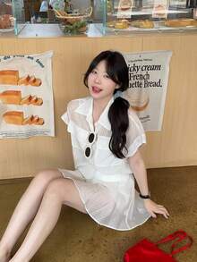 DAZY 女士翻领宽松两件套，韩版透明休闲半身裙 - 白色 - 查看 5