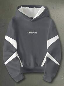 Manfinity Roghcode 男式字母印花拼色长袖套头连帽衫，罗纹下摆 - 灰色 - 查看 1