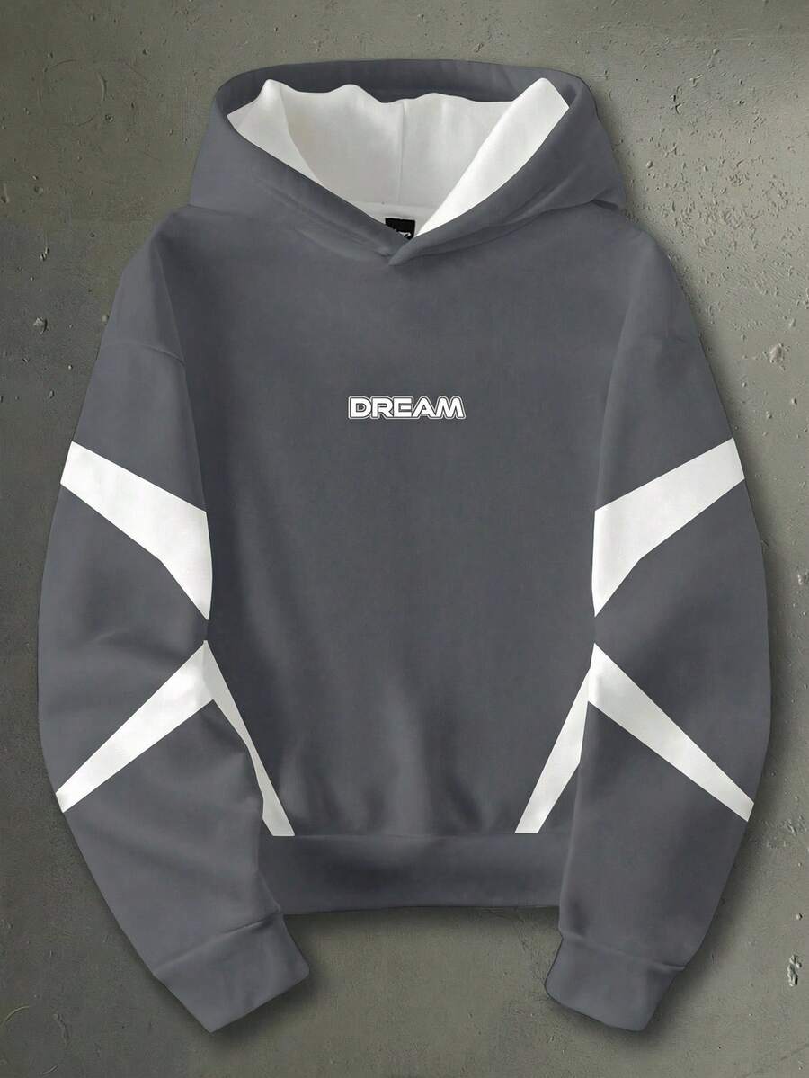 Manfinity Roghcode 男式字母印花拼色长袖套头连帽衫，罗纹下摆 - 灰色 - 查看 1