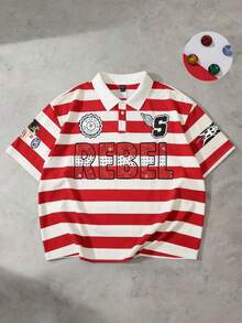 ROMWE MEN Men's Shiny Diamond Striped Short Sleeve Polo Shirt, Loose Fit Spring/Summer - Red - View 1