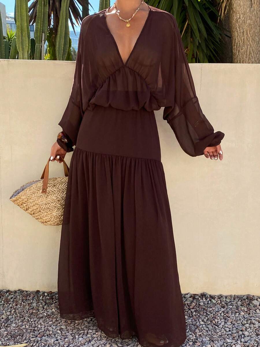 Livesso Summer Vacation Outfit - Loose V-Neck Sheer Top And Casual Skirt Set For Women - Coffee Brown - View 1