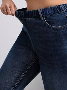 SHEIN ICON Quần jeans bó màu xanh đậm cỡ lớn, co giãn tốt, thoải mái và đa năng - Rửa tối - Xem 6