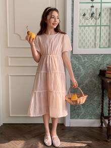 DAZY Tween Girls Cute Bubble Short Sleeve Round Neck Dress, Fall - Apricot - View 5