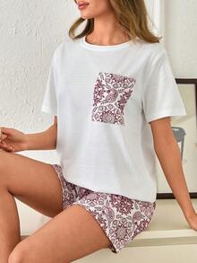 SHEIN %100 Cotton Cute Paisley Pattern Pocket Detailed 2 Pieces Casual Lounge Set - Burgundy - View 5