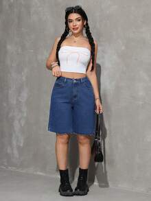 SHEIN Tall 女士夏季休闲斜插口袋毛边牛仔短裤 - 中等水洗藍 - 查看 6