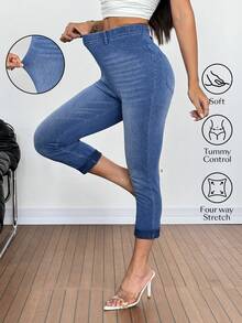 SHEIN Tall Quần thể thao nữ mùa hè, chất liệu co giãn thoải mái, cạp chun, dáng ôm, dài đến mắt cá chân, màu xanh dương, đa năng. - Rửa trung bình - Xem 8