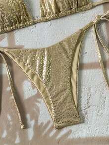 Swim Vcay Set de bikini sexy de 2 piezas con parte superior de triángulo de cuello de halter y Bottom de amarre a los lados con estampado de leopardo y textura, para primavera/verano - Albaricoque - Ver 4