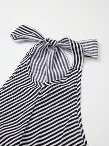 Lumivelle 女士春夏新款吊带系带条纹超大喇叭休闲度假浪漫露背连衣裙 - 黑與白 - 查看 8