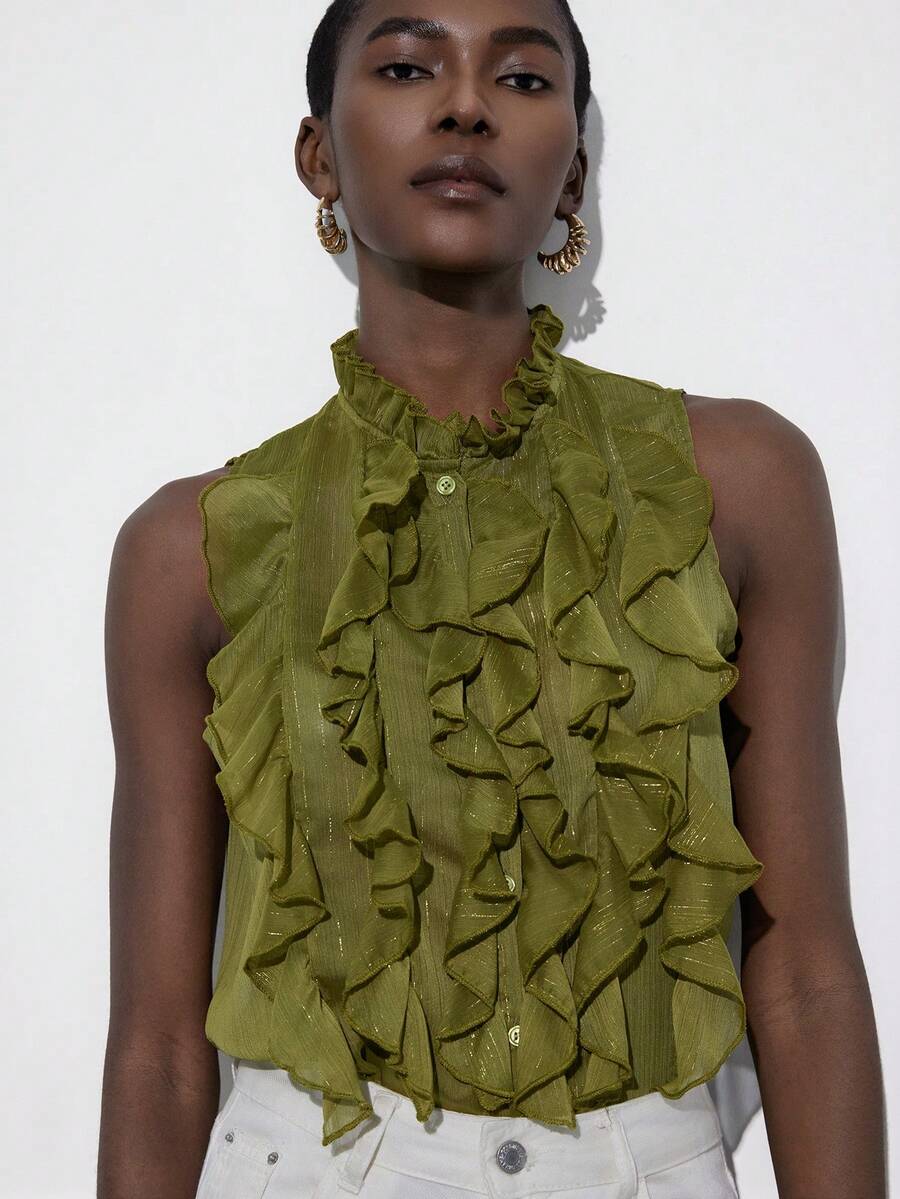 Aveloria Modichic 橄榄绿无袖层叠荷叶边领衬衫，金属条纹雪纺优雅休闲百搭上衣，复古法式浪漫风格 - 綠色 - 查看 1