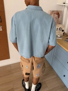 STEELVANCE Men's Casual Street Style Striped Embroidered Blue Denim Short Sleeve Shirt - Light Wash - View 2