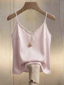 SHEIN Clasi 夏季加大码纯色吊带珍珠装饰优雅吊带背心 - 香檳色 - 查看 9