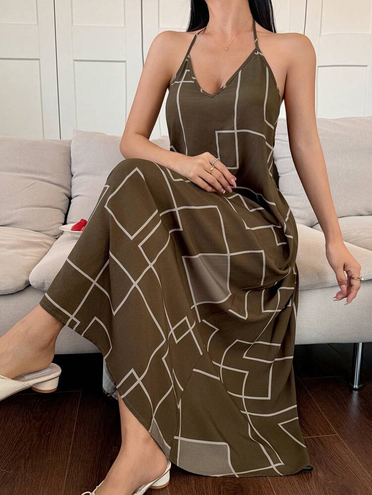 Vacation Geometric Pattern Spaghetti Strap Backless Long Nightgown For Women