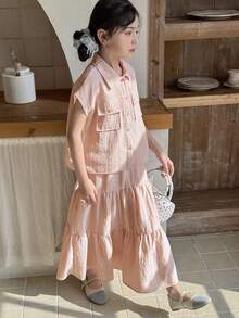 DAZY Tween Girls Collared Short Sleeve Shirt & Skirt 2-Piece Set, Fall Summer - Pink - View 1
