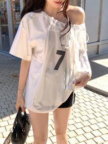DAZY Women's Casual Loose Fit Numeric Print Asymmetrical Shoulder Short Sleeve T-Shirt - White - View 4