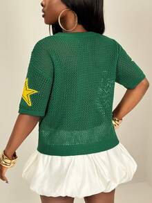 SHEIN BamGlam 女士针织短袖圆领黄绿撞色数字星形提花简约休闲复古街头风毛衣 - 軍綠色 - 查看 2