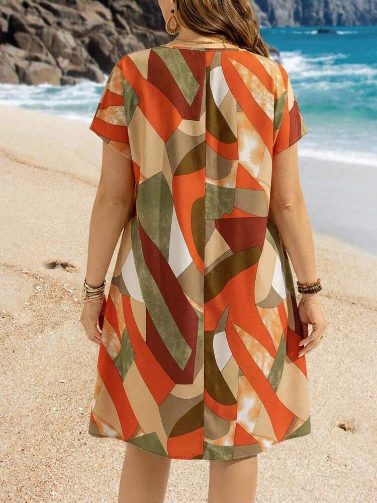 Plus Size Colorful Floral Print Batwing Sleeve Casual Vacation Dress,Summer Outfits For Women / Summer / Summer Clothes,Boho Women Clothing