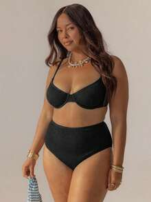 Striped High-Waisted Underwire Bikini Set With Swim Bag, Perfect For Vacations And The 4th Of July, For Summer Outfits And Beach Days - 黑色 - 查看 8