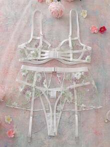 SHEIN 3pcs/Set Women's Floral Embroidery Underwire Bra, Garter Belt And Panty Set, Fresh And Romantic Pastoral Design, Sexy - Multicolor - View 2