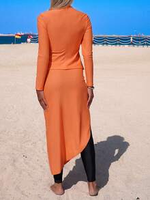Swim Shayni Burnt Orange Summer Modest Beach Holiday Women's Swimwear Outfit Set,Vintage Contrast Patchwork Burkini,Casual 2 Piece Bathing Suit Cruise Resort Wear - Multicolor - View 2
