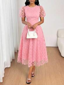 SHEIN Lady 女士优雅通勤波点网纱花瓣袖中长连衣裙，夏季 - 粉色 - 查看 5