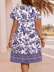 EMERY ROSE 大码女式碎花V领荷叶边短袖休闲连衣裙 - 紫色 - 查看 2