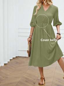 Miaspire Vestido midi con cuello en V, mangas raglán y cintura fruncida para tallas grandes - Verde - Ver 4