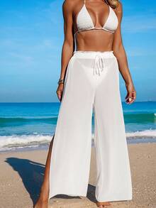 Swim Vcay 2026 Women's Spring/Summer Bohemian Style Elegant Romantic Sexy High Slit Beach Vacation Pants, Flowy Sheer Linen Fabric, Adjustable Drawstring Waist, Suitable For Outings, Beach, Afternoon Tea, Picnics, Parties - White - View 4