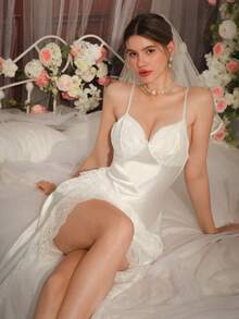 DelicateAllure Women's Romantic Lace Patchwork Asymmetrical Ruffle Hem Sexy Satin Slip Dress, Suitable For Wedding Season - White - View 3