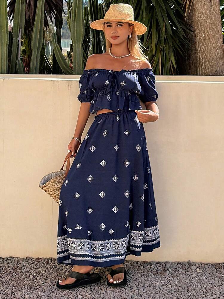 Women's Elegant Floral Print Tie-Waist Shirt And Skirt 2-Piece Set, Summer Off The Shoulder