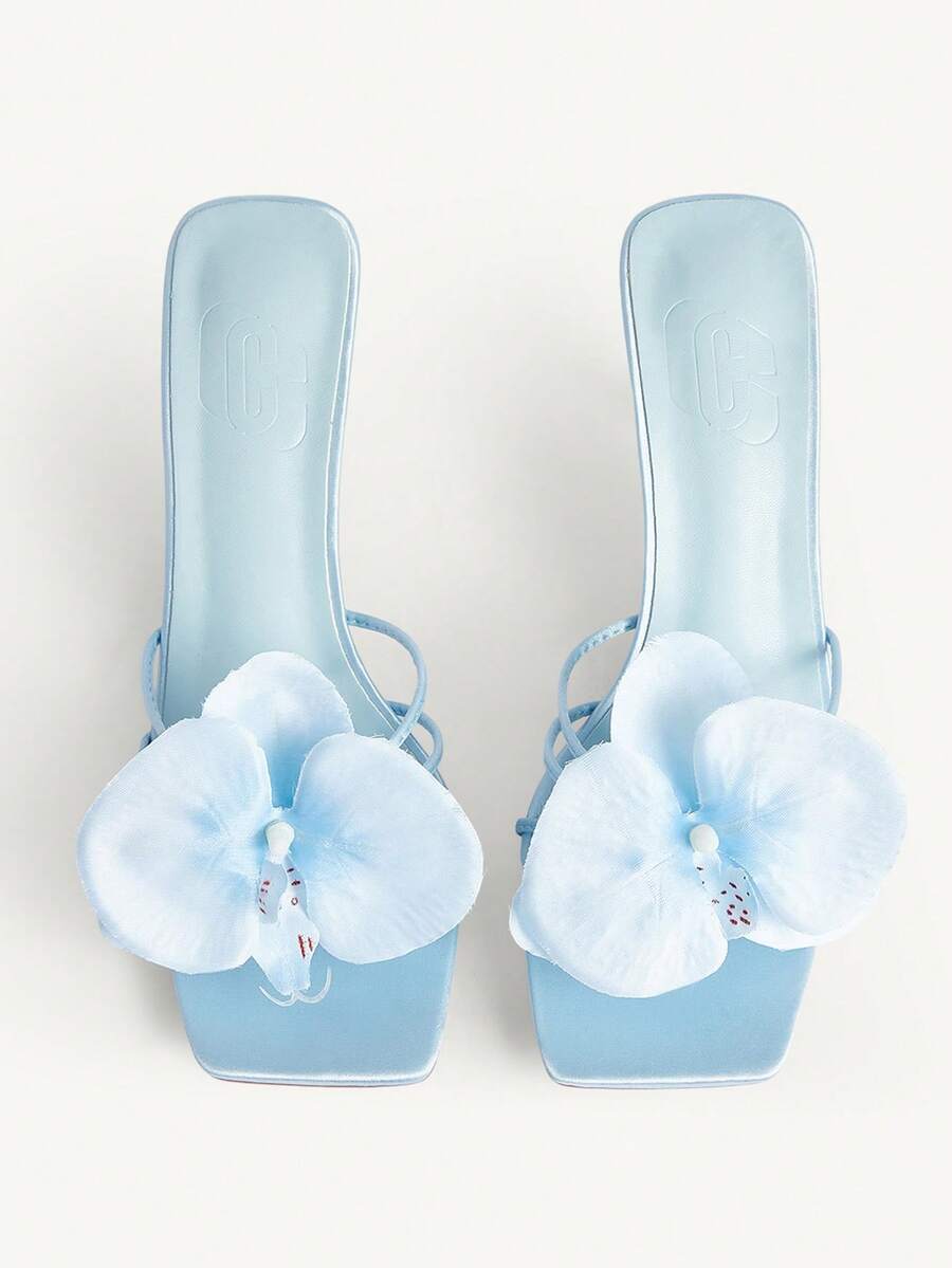 CUCCOO CHICEST Women's Simple Black Snake Skin Pattern Square Toe Low Heel Sandals Valentine's Day Elegant Shoes - blue satin - View 1