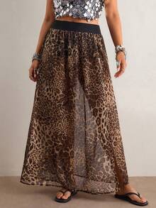 Freevana Plus Size Summer Fashion Leopard Print High Slit Skirt - Brown - View 3