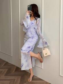 Feyla 女士波点褶皱吊带连衣裙和长袖开衫两件套，时尚百搭，适合约会和派对 - 彩色 - 查看 3