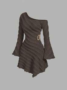 SHEIN MOD Women's Solid Color Asymmetrical Shoulder Metal Decor Elegant Waist Fitted Short Cocktail Dress For Dates & Parties - Coffee Brown - View 3