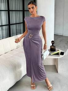 Lavishia Women's Solid Color Metal Decor Ruched Waist Elegant Fishtail Dress, Suitable For Dates And Parties - Dusty Purple - View 4
