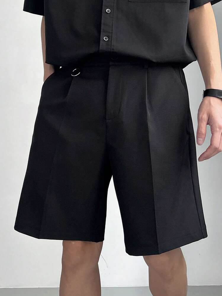 Men's Solid Black Pleated Casual Shorts, Suitable For Commuting In Summer