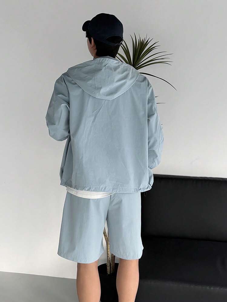 Men's Outdoor Blue Pocket Drawstring Long Sleeve Jacket And Shorts Set, Spring/Summer