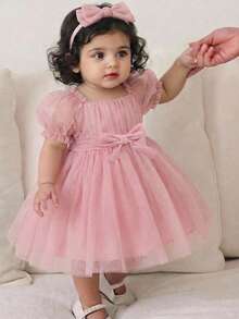 SHEIN Babygirl Elegant & Cute Pink Mesh Bow Ruffle Trim Short Sleeve Dress - Pink - View 7