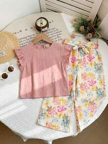 LMoss Kids Bộ đồ 2 món LMoss dành cho bé gái: Áo dệt kim màu trơn cổ bèo nhún và quần ống rộng dệt họa tiết hoa nhí. - Màu Hồng baby - Xem 6