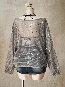 SHEIN ICON Plus Size Y2K Sequin Sheer Cover Up, Casual Sequin Loose Lantern Sleeve Vacation Cover Up, Suitable For Music Festival, Beach, Date - Grey - View 8