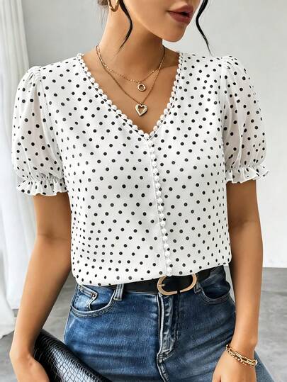 RosyDaze Women's Fashionable French Polka Dot Chiffon Blouse, Intellectual Elegant Short Sleeve Ruffle Design Shirt For Summer Polka Dot Shirt V Neck Blouse Polka Dot Top Summer Casual Tops Cute Short Sleeve Tops