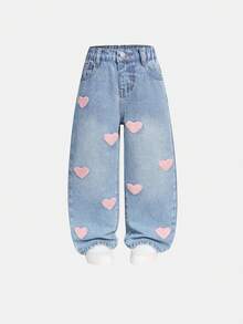 SHEIN 年轻女孩时尚可爱街头风爱心刺绣宽松直筒牛仔裤 - 淺色水洗藍 - 查看 3